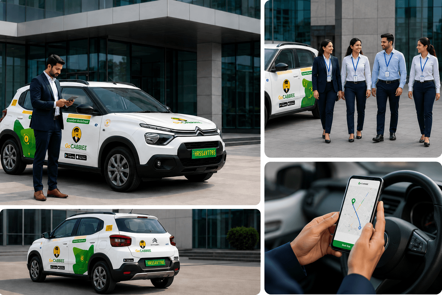 Professional driver welcoming corporate employee to EV cab
